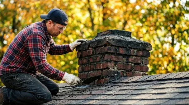 Mason checking a damaged chimney crown in Camarillo Heights