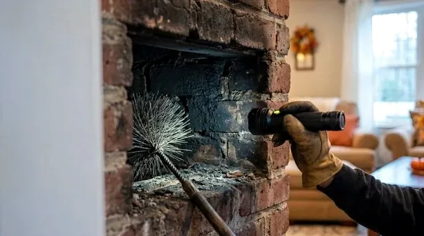 Technician inspecting a gas log lighter inside a Camarillo fireplace